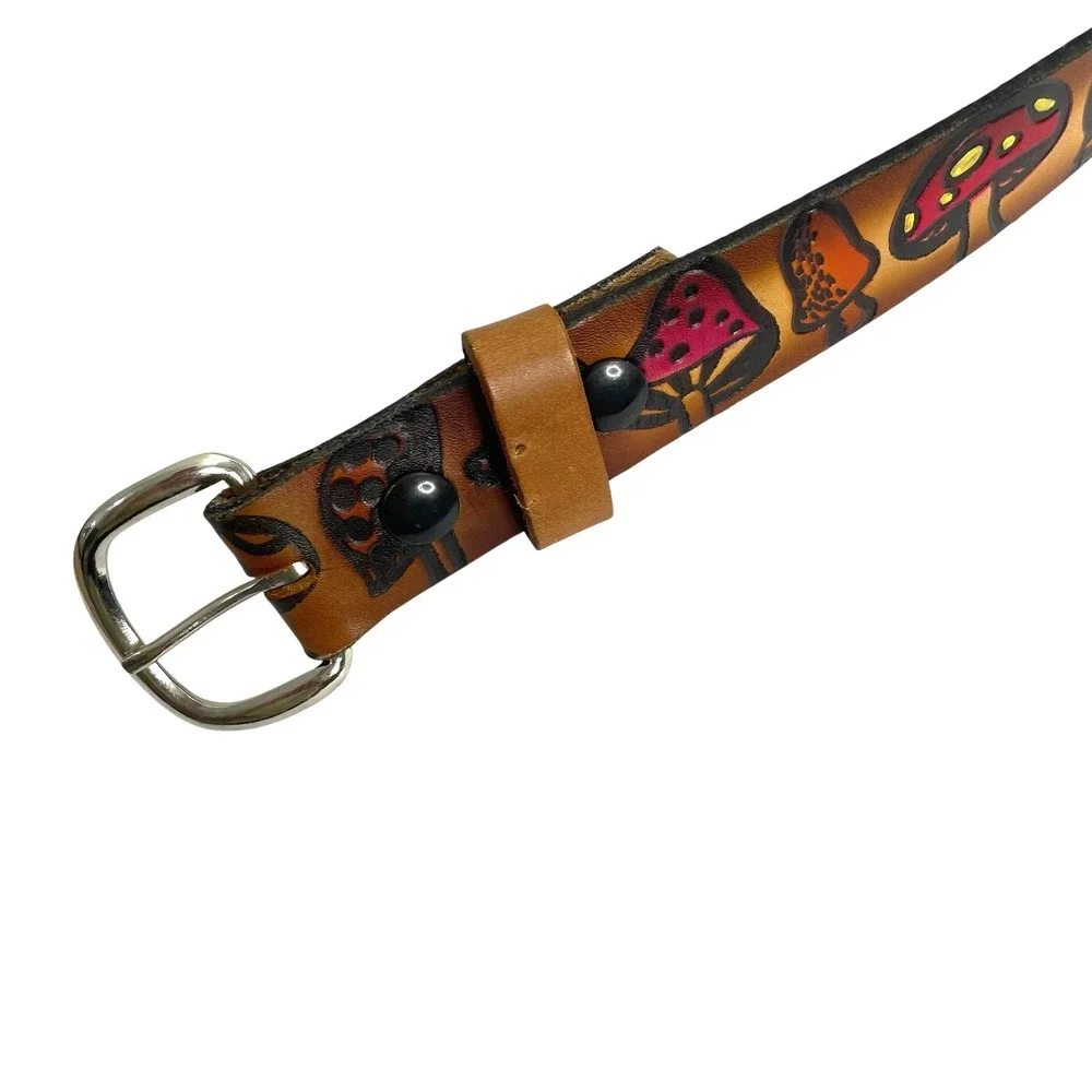 Leather handcraft tooled mushroom snails belt Whimsical western boho made in USA
